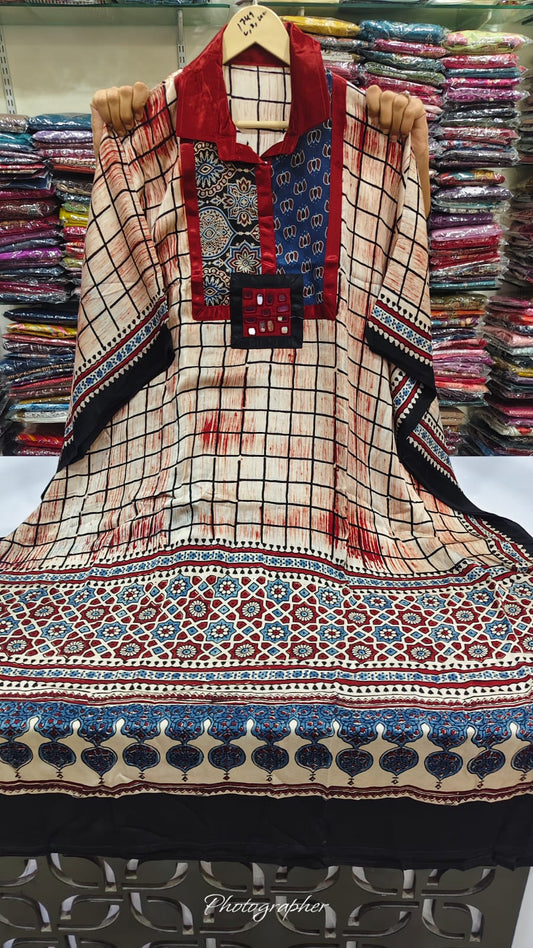 Pure modal silk orginal ajrakh print only kaftan upto 48 sizs (C266)