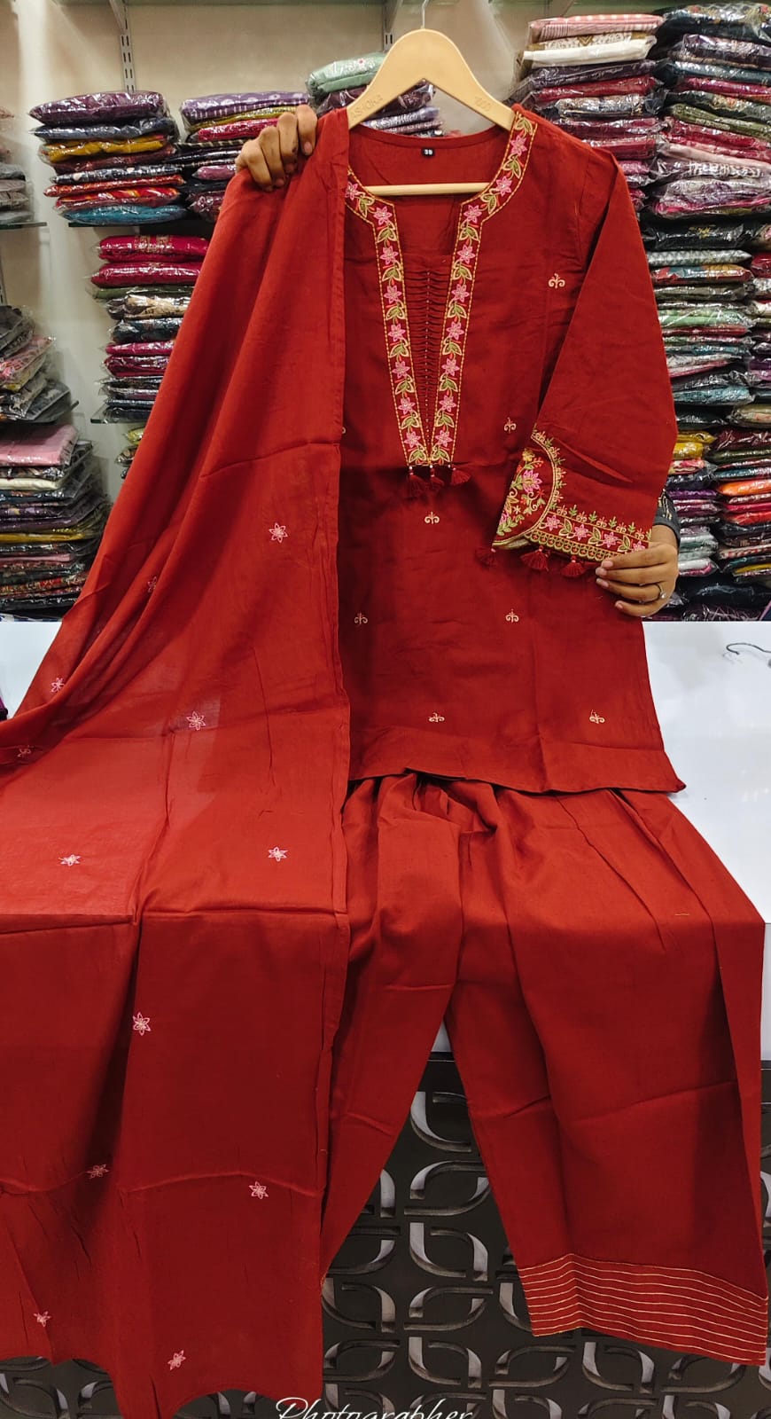 Embroidered sleeves with farshi salwar smart three piece set (C330)