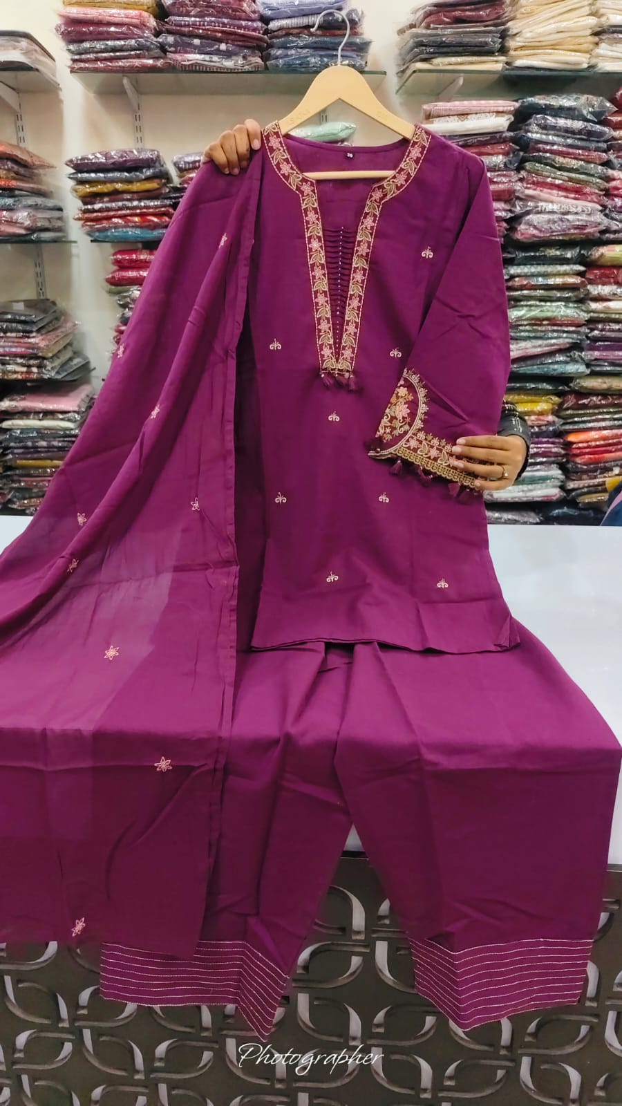 Embroidered sleeves with farshi salwar smart three piece set (C331)