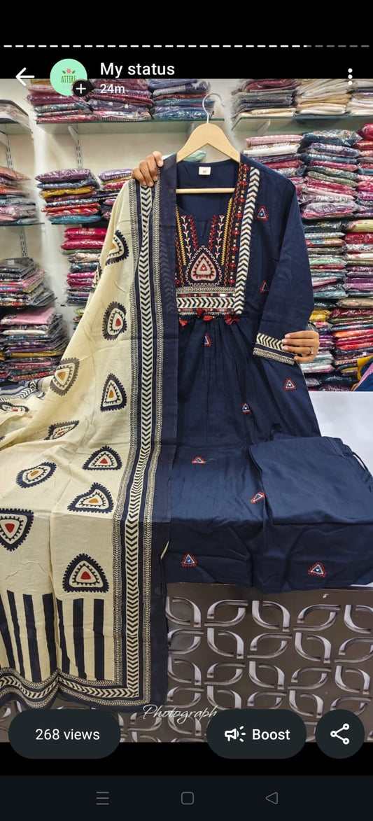 Pure cotton with thread embroidery on neck line three piece set (C346)