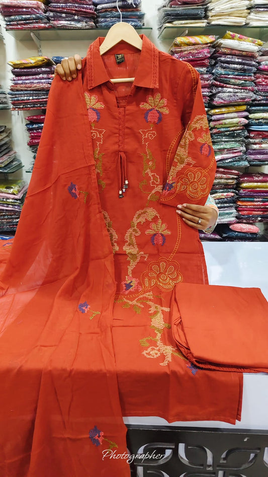 Handloom cotton full thread work three piece set (C316)