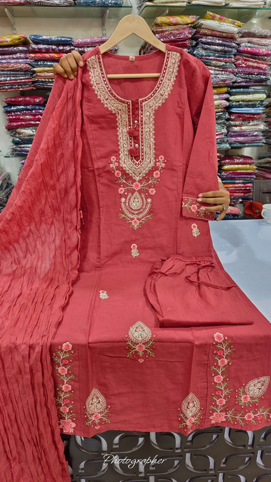 Pure cotton with embroidery three piece set (C338)