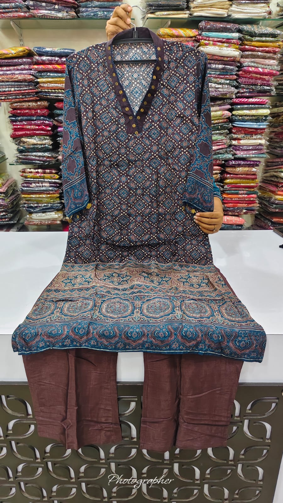 Smart natural crape Ajrakh print two piece cordset (C397)