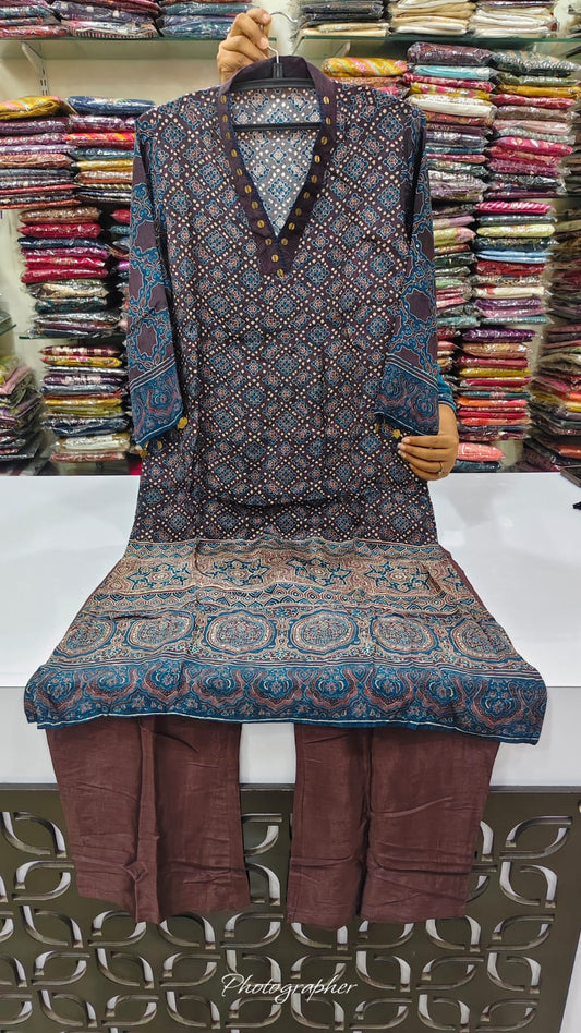 Smart natural crape Ajrakh print two piece cordset (C397)