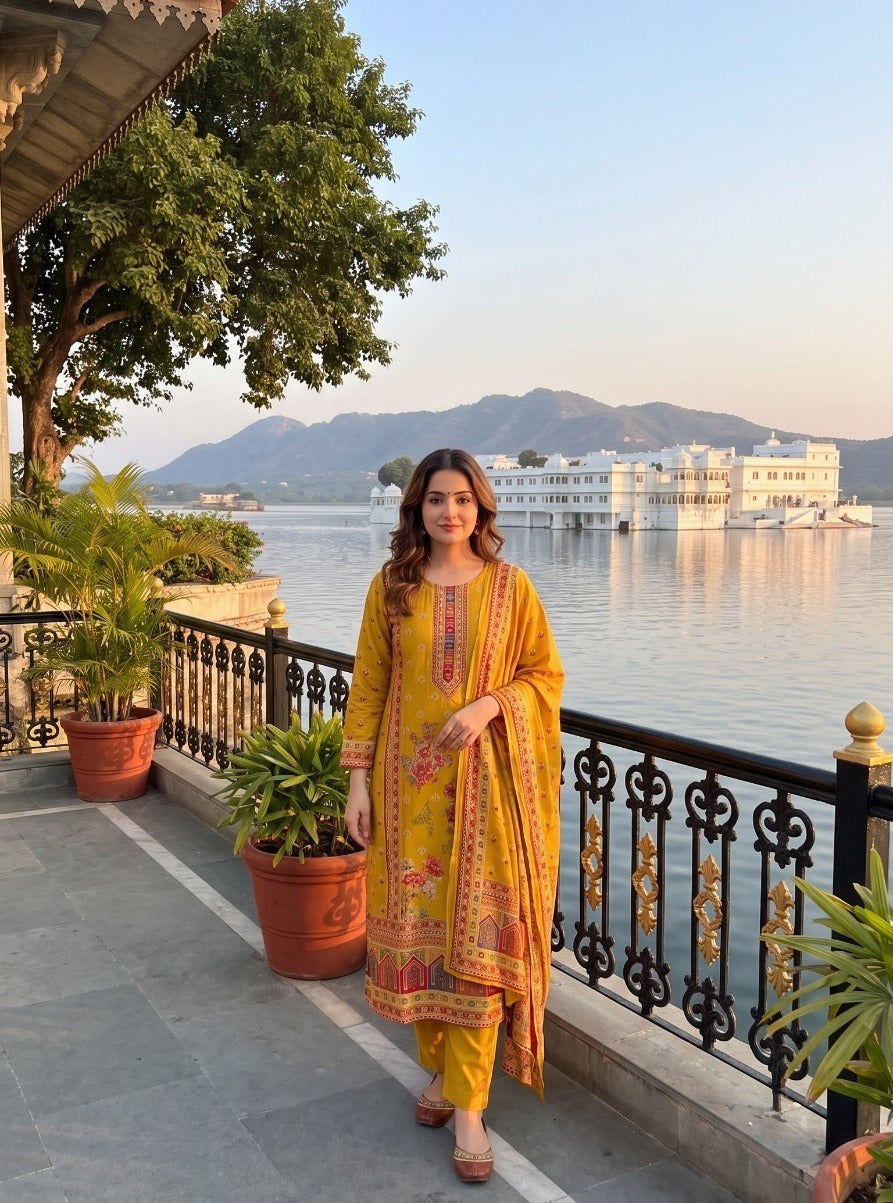 Pure muslin with mul lining designer silk three piece set (C383)