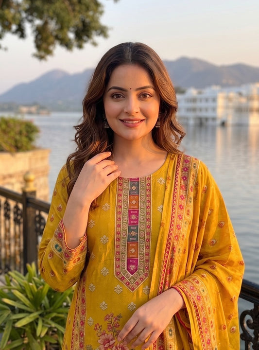 Pure muslin with mul lining designer silk three piece set (C383)