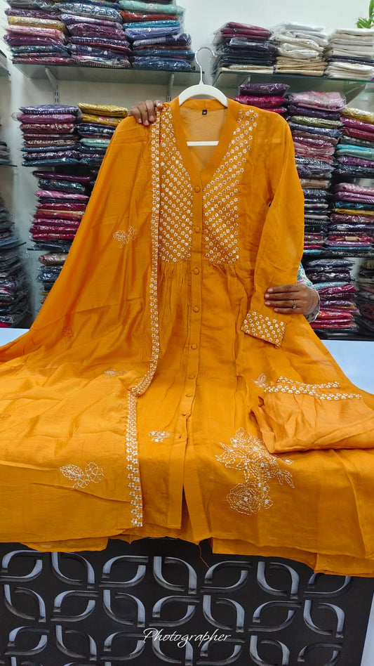 Pure banarasi mul chanderi three piece set (C564)