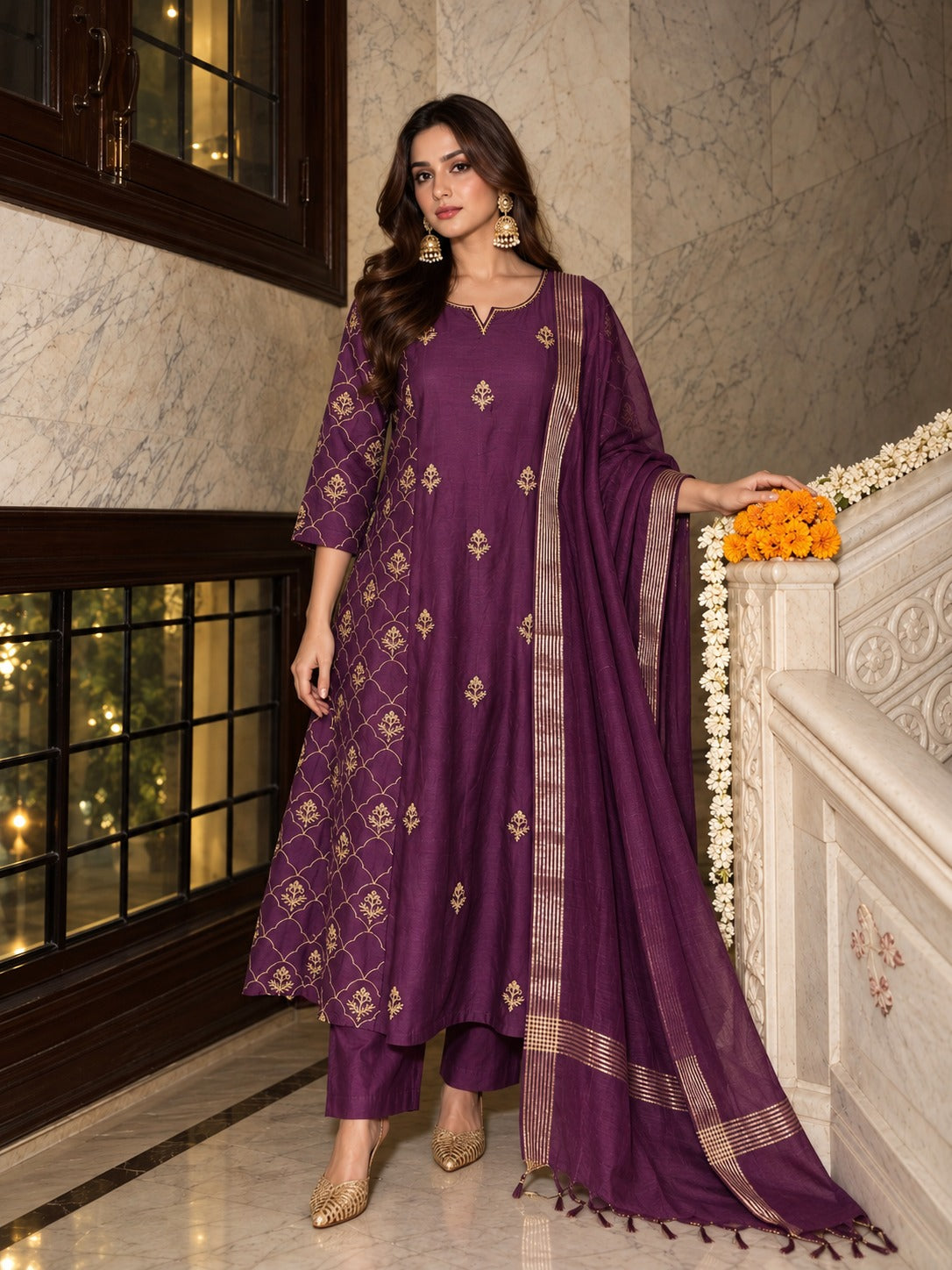Pure banarasi mul chanderi A line pattern with full embroidered three piece set (S367)