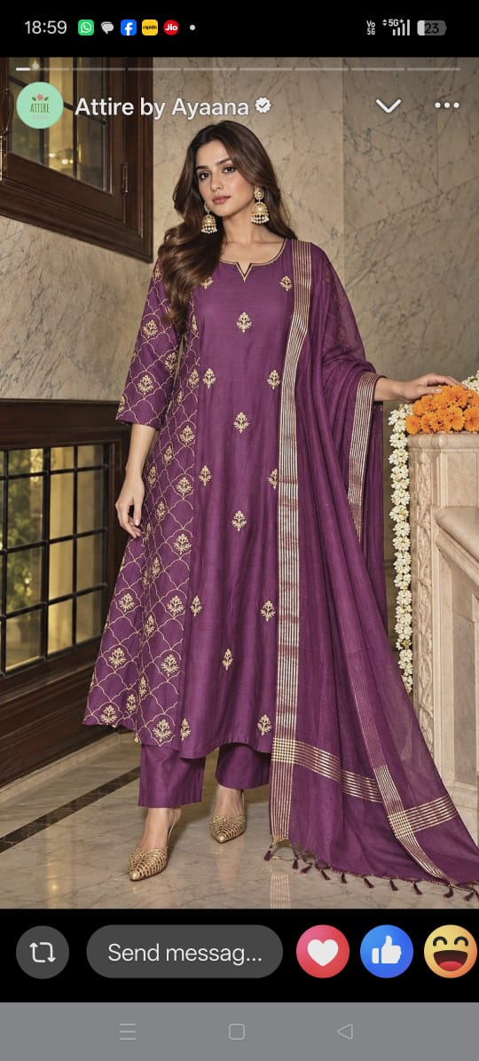 Pure banarasi mul chanderi A line pattern with full embroidered three piece set (S367)