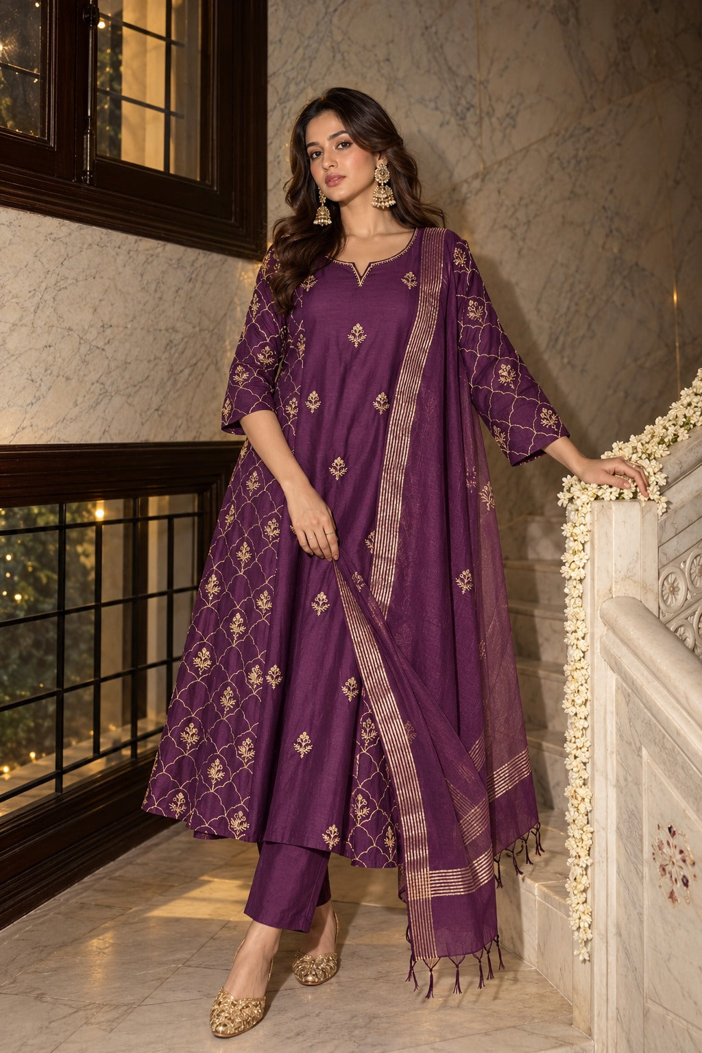 Pure banarasi mul chanderi A line pattern with full embroidered three piece set (S367)