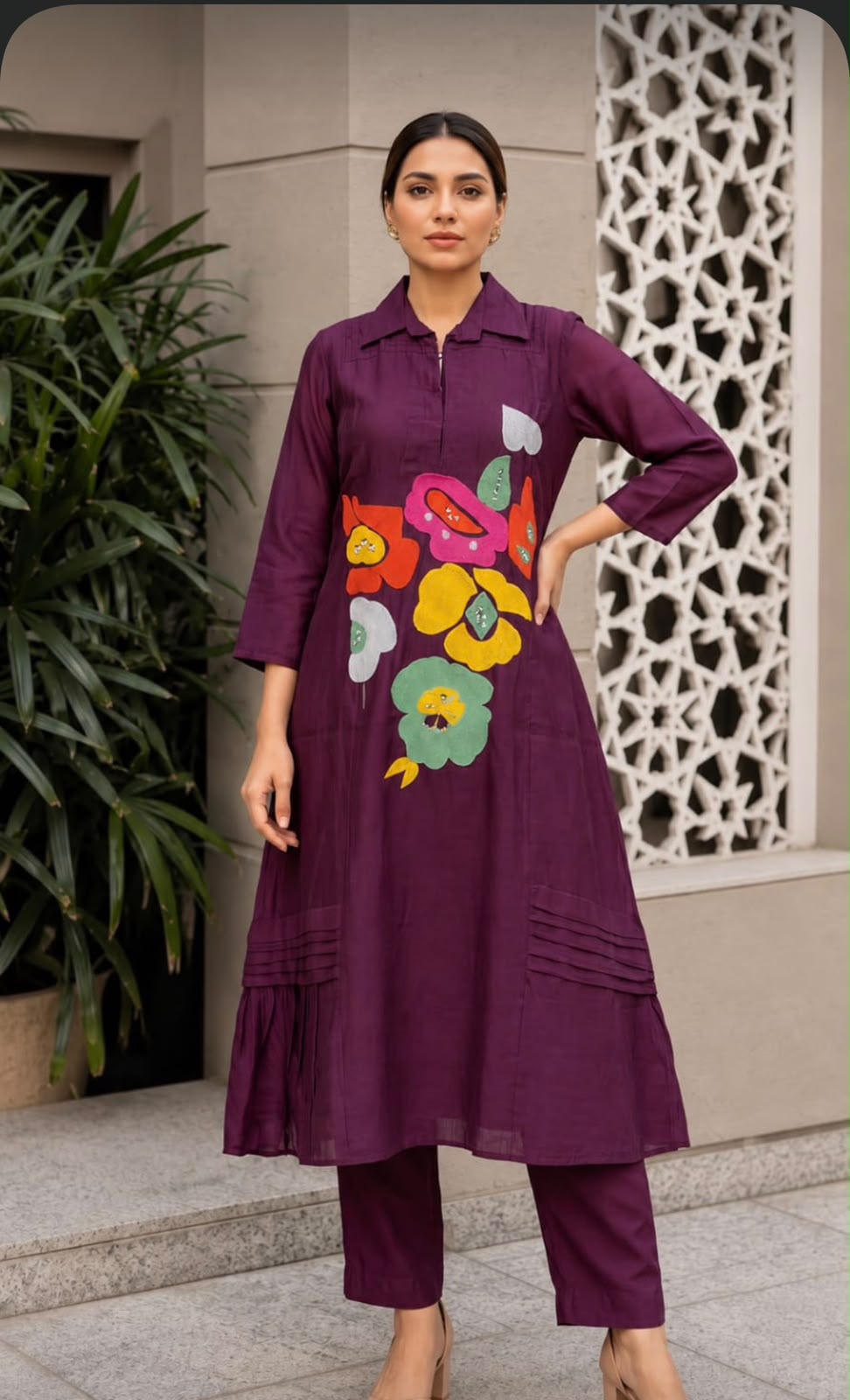 Surat mul chanderi with lining smart applique work two piece cordset (S368)