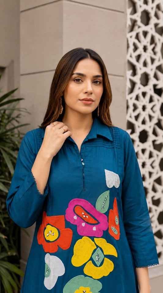 Surat mul chanderi with lining smart applique work two piece cordset (S369)