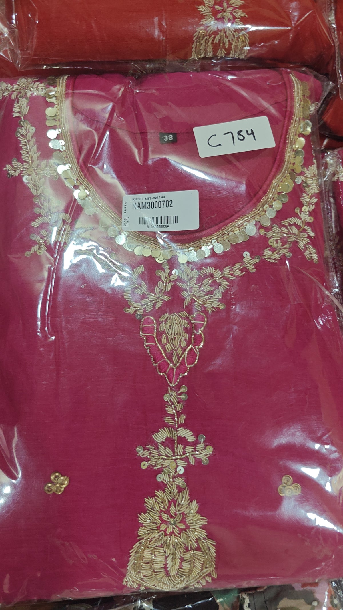 Pure mul chanderi with hand work and tissue dupatta three piece set (C784)
