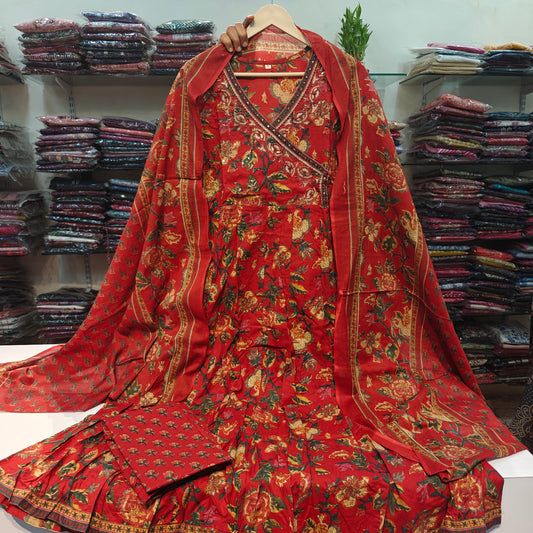 Mahroon Angrakha pure cotton anarkali three piece set (A666)