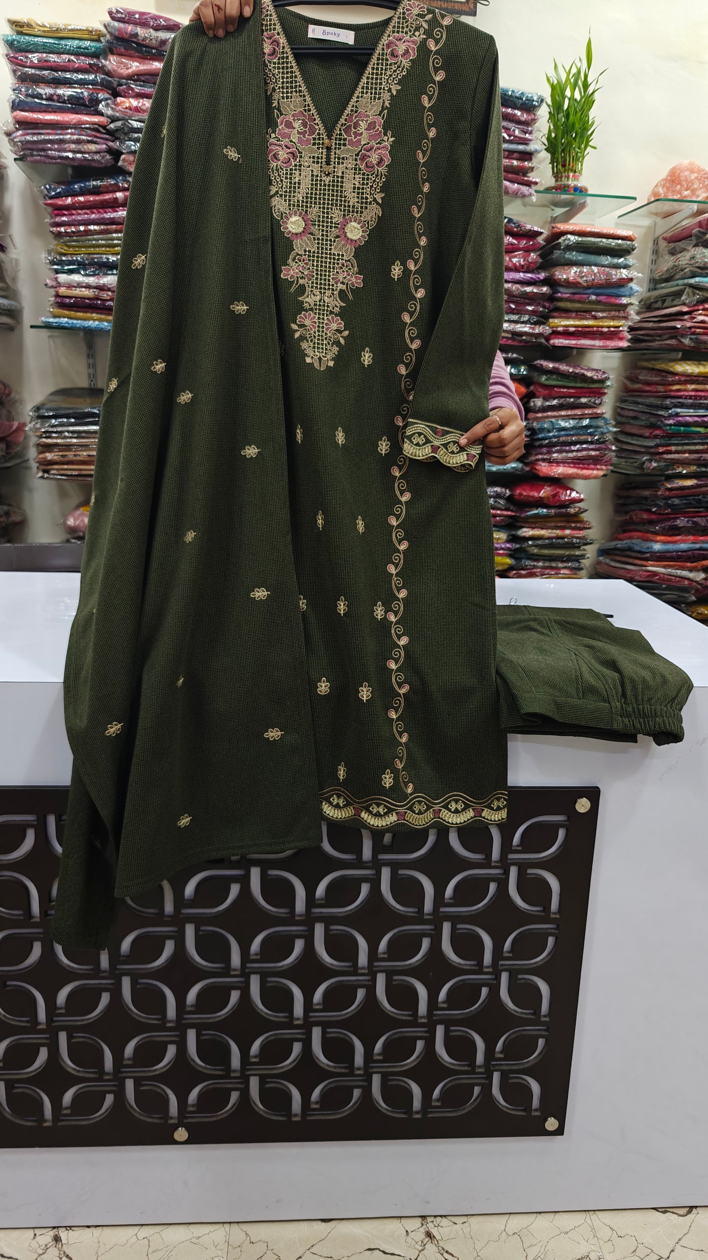 Premium warm knitted embroidered three piece set (B33)