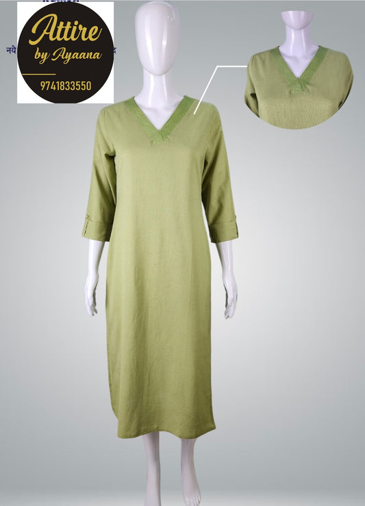 Green handloom cotton kurti with designer neck line