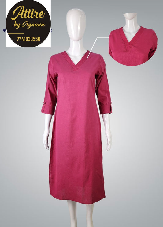 Bright pink handloom cotton solid color kurti