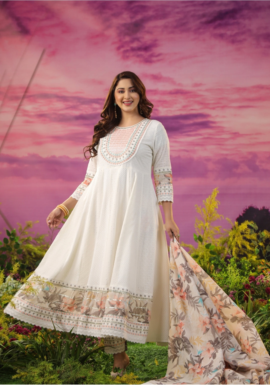 Cotton shiffali anarkali with organza duppatta