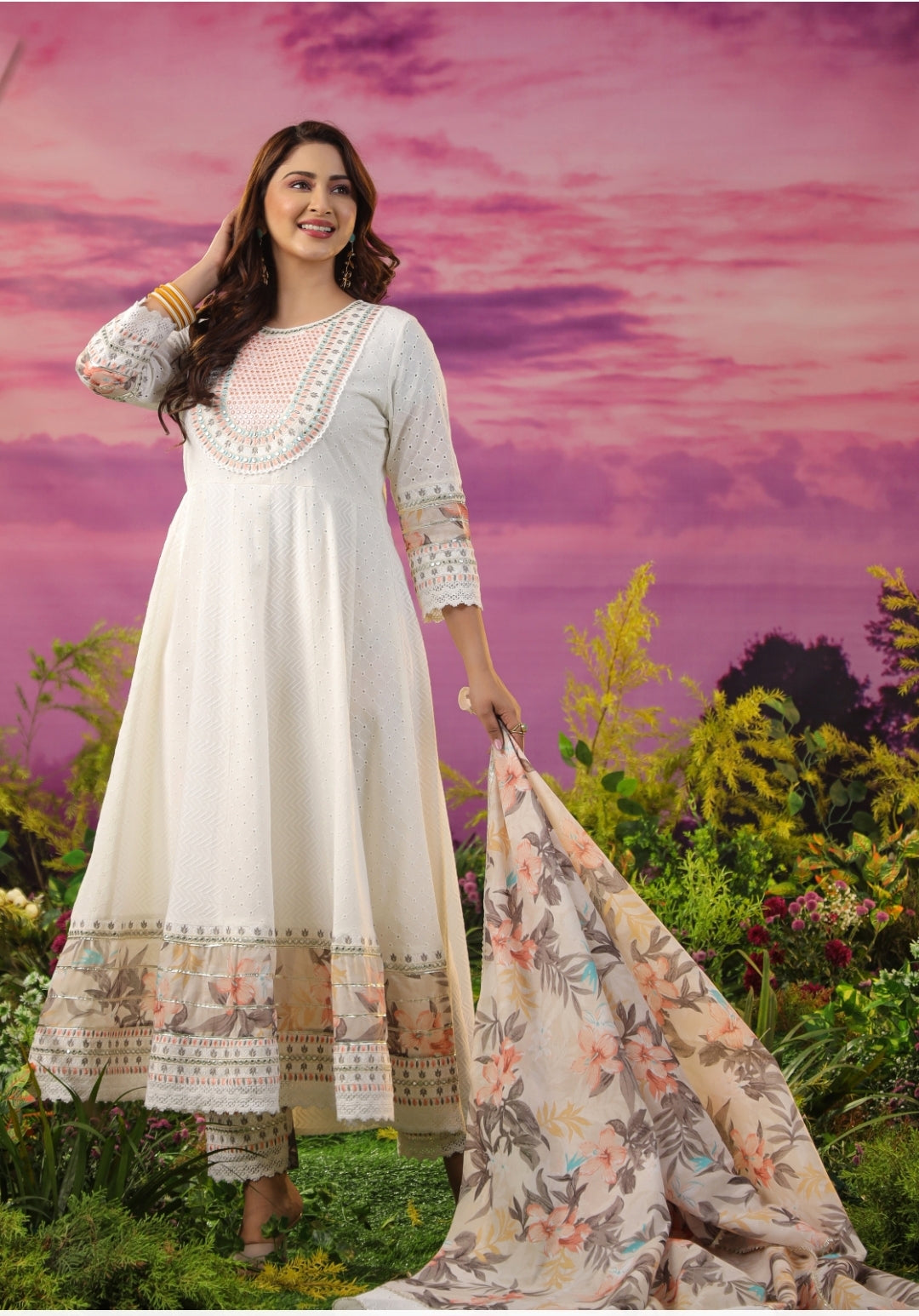 Cotton shiffali anarkali with organza duppatta