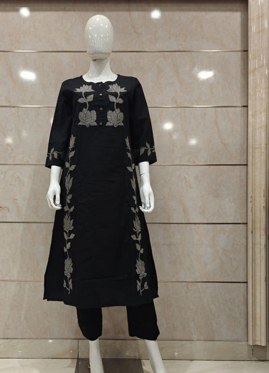 Black handloom cotton fully embroidered two piece set (P467)