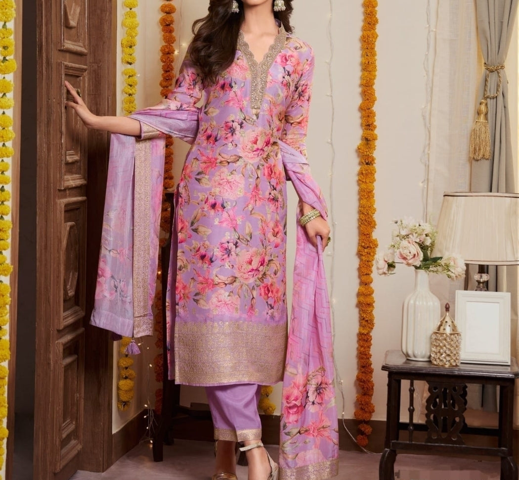 Pure banarsi lilac color three piece set (P549)