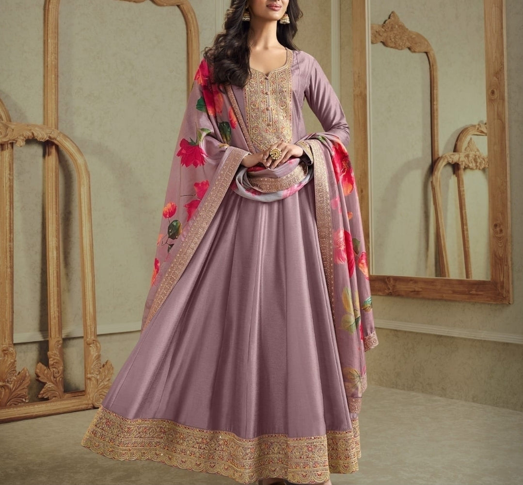 Mauve silk embroidery anarkali with digital print dupatta (T30)