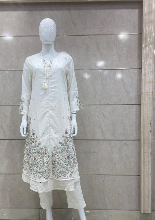 White mul cotton full hand embroidered double layer (T76)