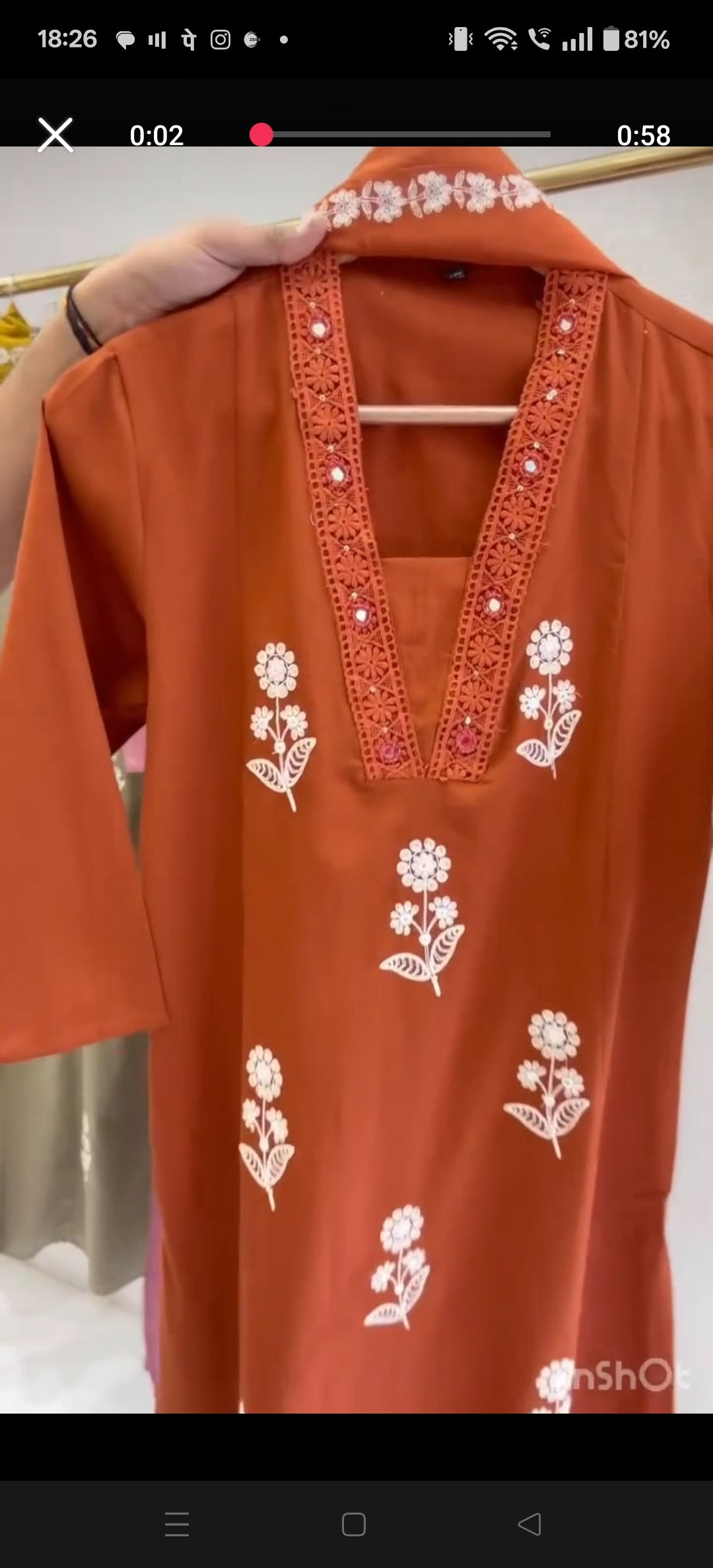 Rust orange pure cotton full thread work on kurta with fully elastic bottom and printed dupatta (P1538)