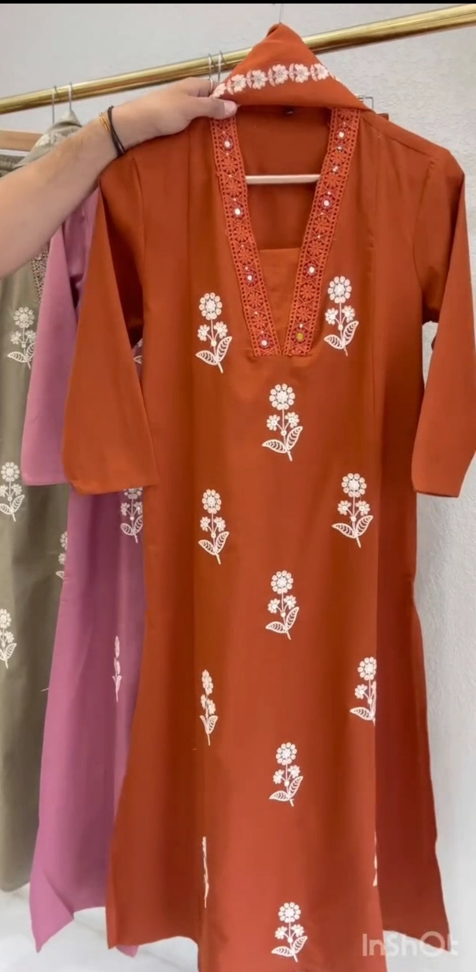 Rust orange pure cotton full thread work on kurta with fully elastic bottom and printed dupatta (P1538)