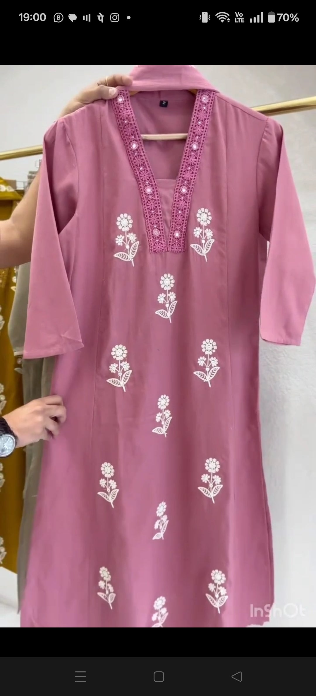 pink pure cotton full thread work on kurta with fully elastic bottom and printed dupatta (P1537)