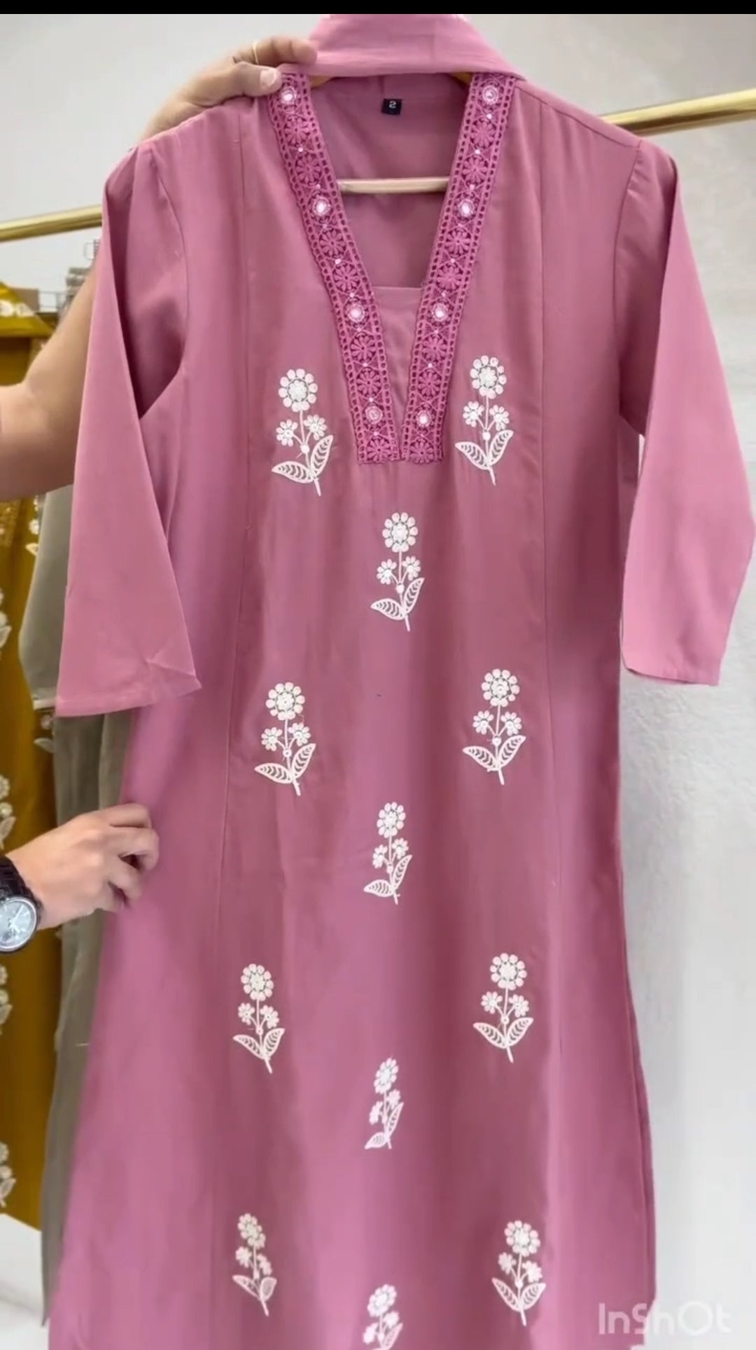 pink pure cotton full thread work on kurta with fully elastic bottom and printed dupatta (P1537)