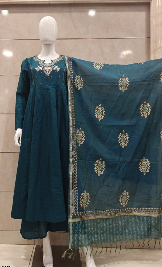 Peacock blue mul slub with block dupatta three piece set (P1851)
