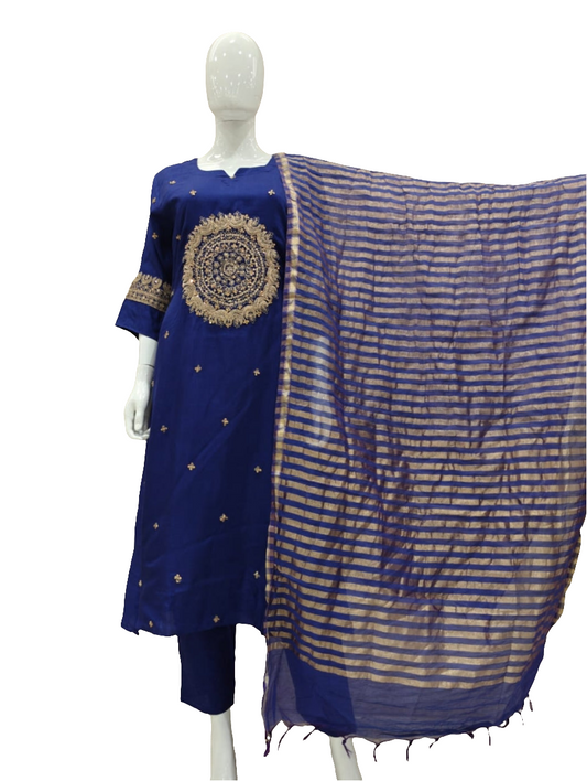 Purple Russian silk with tissue dupatta three piece set (A913)