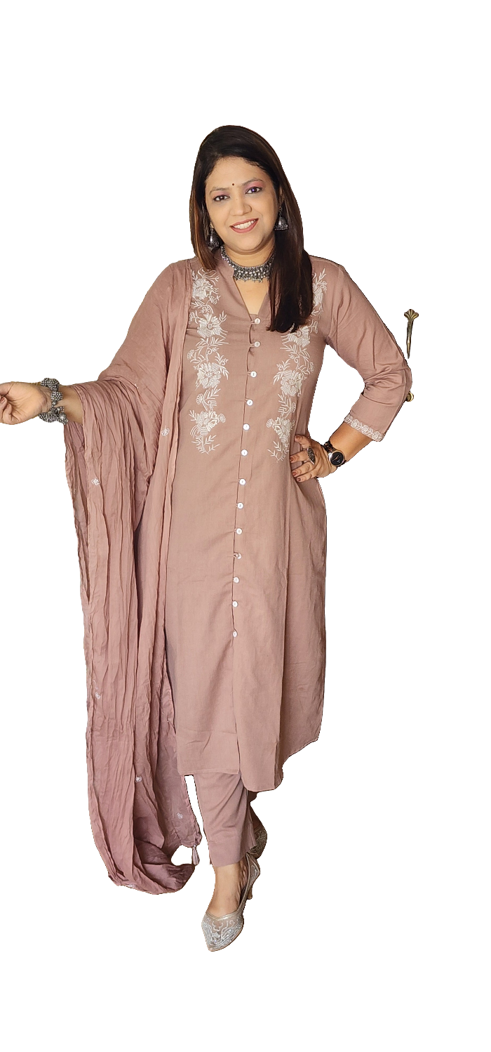 Brown handloom cotton fully embroidered three piece set (P144)