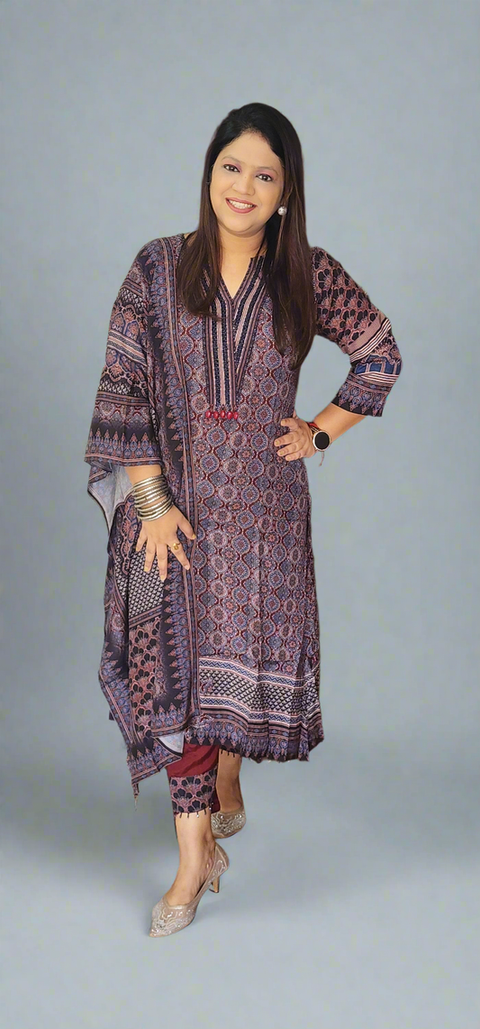 Pure mul silk ajrakh print three piece set (P2274)