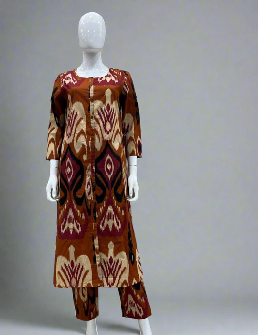 Orange ikkat pure cotton two piece A line pattern (P2175)