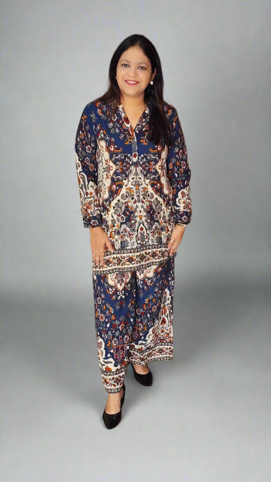 Blue digital print cotton modal two piece cordset (A297)