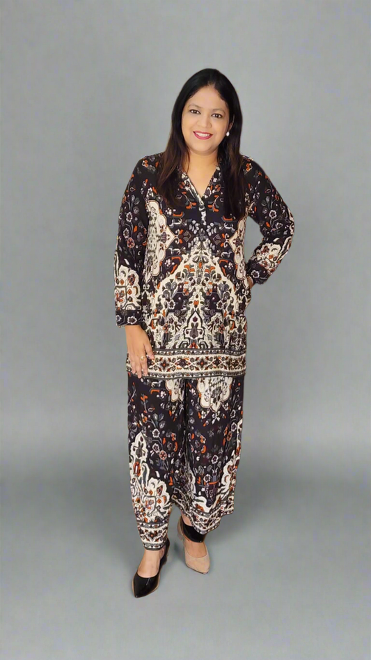 Black digital print cotton modal two piece cordset (A299)