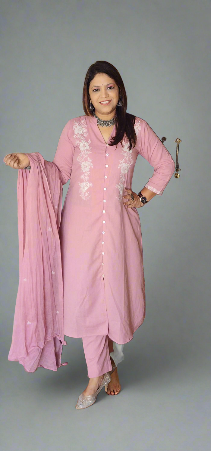 Pink handloom cotton fully embroidered three piece set (P143)