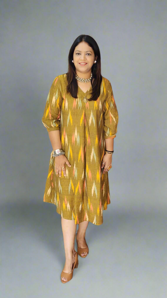 Olive green ikkat print pure cotton one piece dress (A271)