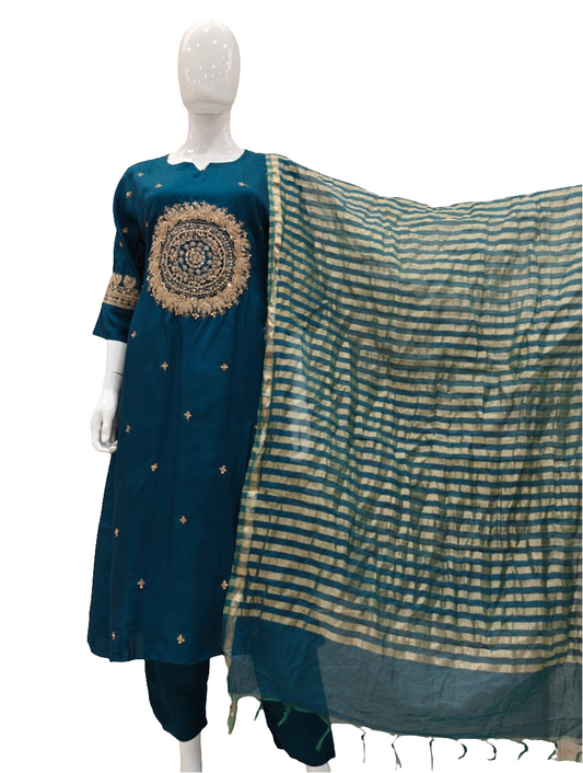 Peacock blue Russian silk with tissue dupatta three piece set (A911)