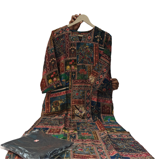 Peacock blue cotton muslin full katha work pichwai work two piece set (P2120)