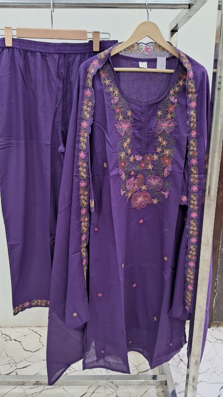 Purple pure cotton fully thread work three piece set (A466)