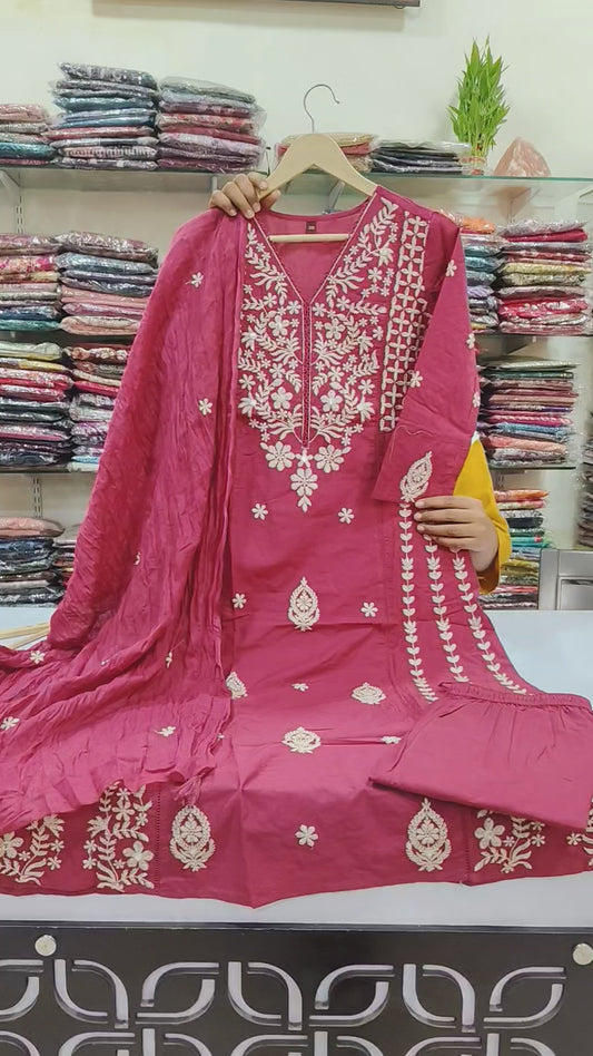 Pink pure cotton fully embroidered three piece set (A1208)