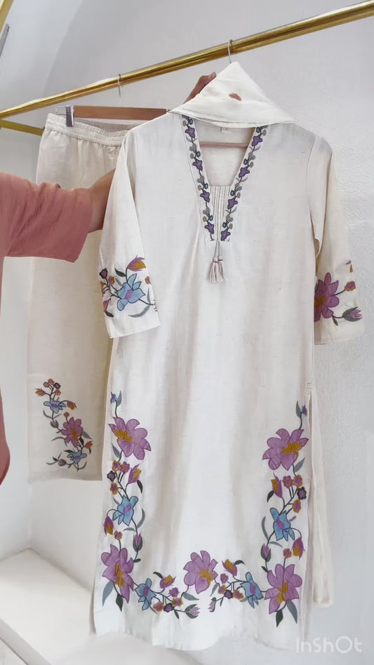 Handloom cotton fully thread work three piece set (P2270)