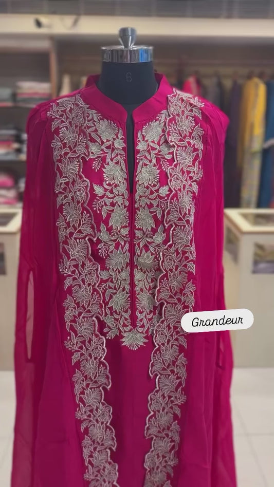 Pink pure silk with oraganza cape three piece set (A825)