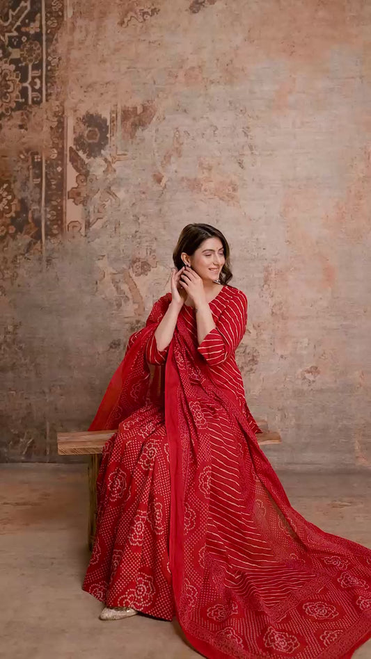 Pure cotton lehriya with bandani perfect for upcoming festival season flared skirt three piece set (S182)