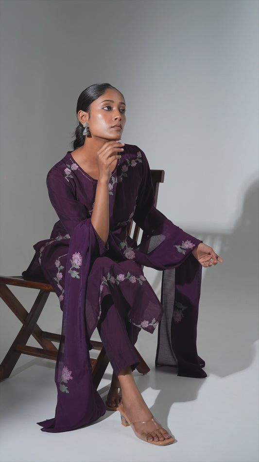 Purple pure muslin fully embroidered three piece set (A700)
