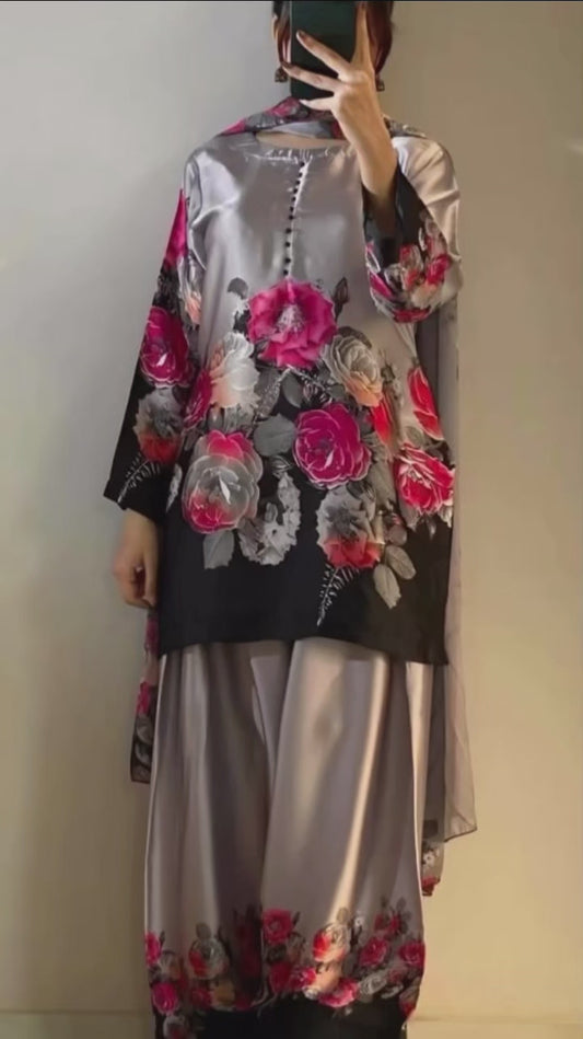 Satin crape smart farshi three piece set (S216)