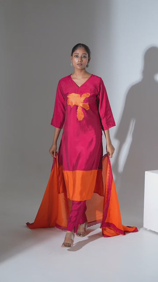 Megenta with orange pure muslin with applique work three piece set (A805)